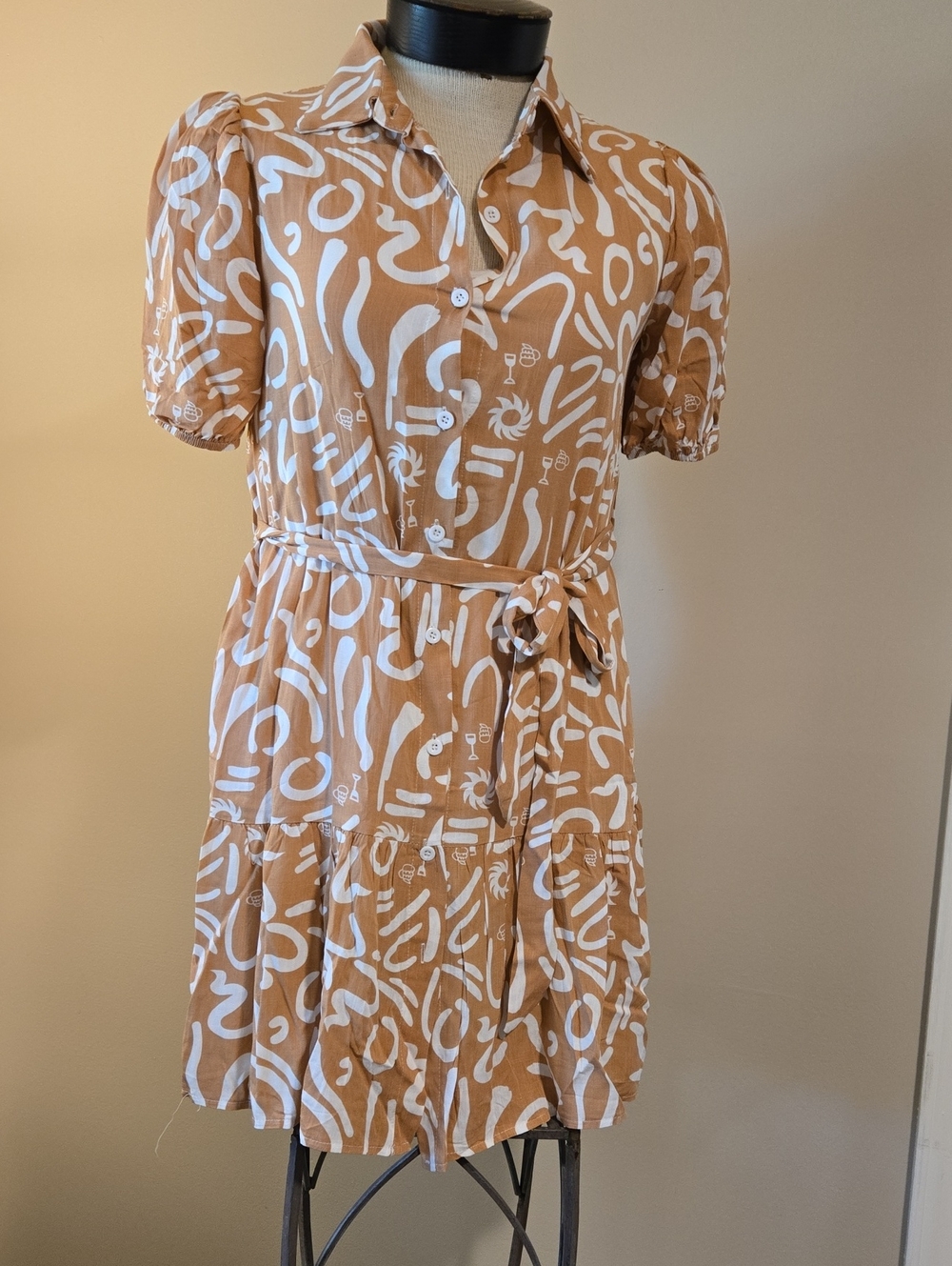 Belted Tan & White Shirt Dress